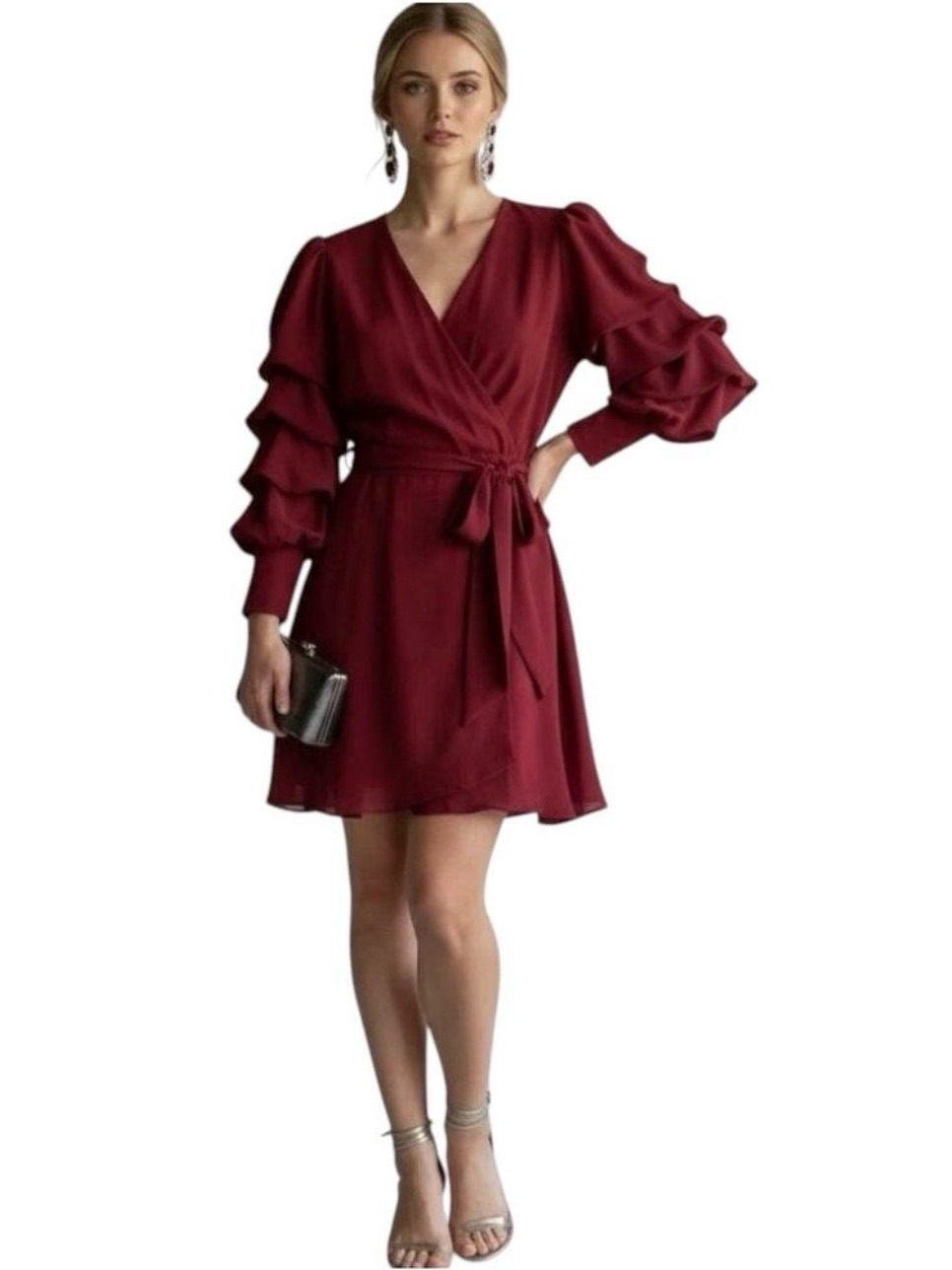 Alice + Olivia 100% Silk Long Sleeve V-Neck Belted Mini Dress Burgundy Size 4